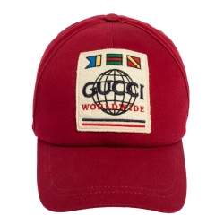 Pre Owned Gucci Red World Wide Applique Cotton Baseball Cap (60)