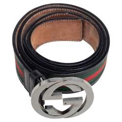 Pre Owned حزام غوتشي كانفاس ويب وجلد أسود إبزيم حرفي جي متداخل 90 سم