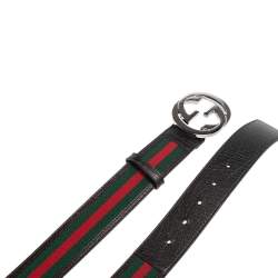 Pre Owned Gucci Black Leather and Web Canvas Interlocking G Buckle Belt 95CM