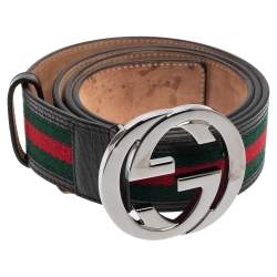 Pre Owned Gucci Black Leather and Web Canvas Interlocking G Buckle Belt 95CM