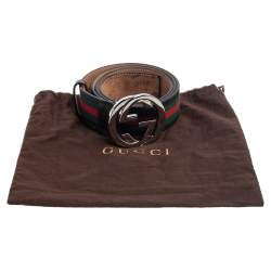 Pre Owned Gucci Black Leather and Web Canvas Interlocking G Buckle Belt 95CM