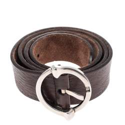 Pre Owned Gucci Brown Leather Circle Buckle Belt 105CM