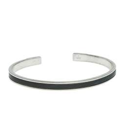 Gucci Silver Black Leather Inlay Cuff Bracelet