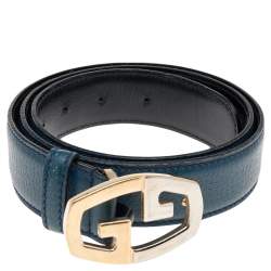 Pre Owned Gucci Blue Leather Logo Buckle Belt 90 CM