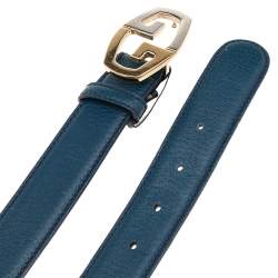 Pre Owned Gucci Blue Leather Logo Buckle Belt 90 CM