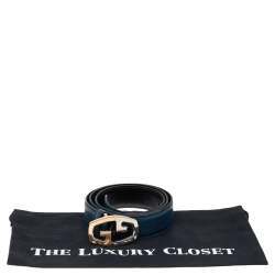 Pre Owned Gucci Blue Leather Logo Buckle Belt 90 CM