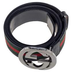 مملوكة مسبقًا Gucci Green/Red Web Fabric and Leather Interlocking GG Buckle Belt 90 CM