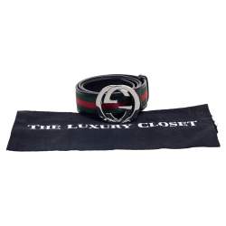 مملوكة مسبقًا Gucci Green/Red Web Fabric and Leather Interlocking GG Buckle Belt 90 CM
