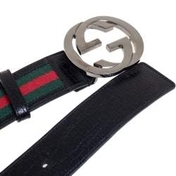 مملوكة مسبقًا Gucci Green/Red Web Fabric and Leather Interlocking GG Buckle Belt 90 CM