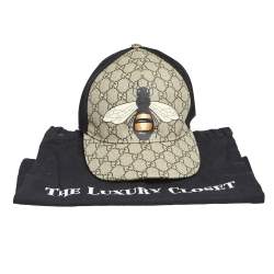 Pre Owned Gucci Beige Ebony Bee Print GG Supreme Baseball Cap M