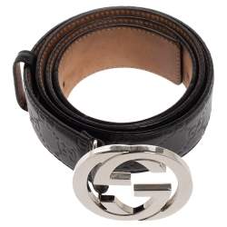 مملوكة مسبقًا Gucci Black Guccissima Leather Interlocking G Buckle Belt 100 CM