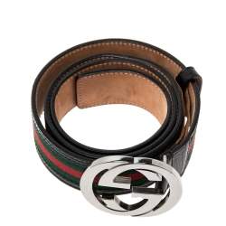 Pre Owned Gucci Black Leather and Canvas Web Interlocking G Buckle Belt 95CM
