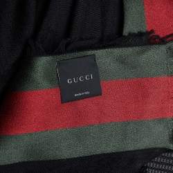 Gucci Black Guccissima Wool Web Stripe Silk Scarf