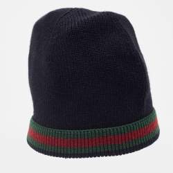 Pre Owned Gucci Black Wool & Silk Web Stripe Beanie M