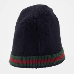 Pre Owned Gucci Black Wool & Silk Web Stripe Beanie M