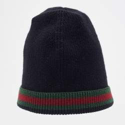 Pre Owned Gucci Black Wool & Silk Web Stripe Beanie M