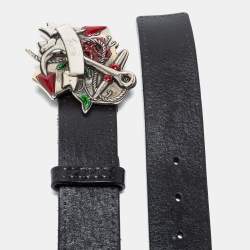 Pre Owned Gucci Black Leather Anchor Buckle Belt 90CM