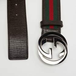 Pre Owned Gucci Brown Leather and Canvas Web Interlocking G Buckle Belt 85CM
