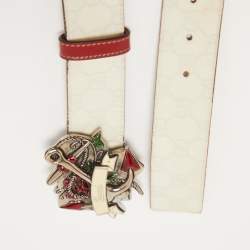 Pre Owned Gucci White/Red GG Supreme Canvas and Leather Anchor Buckle Belt 90CM