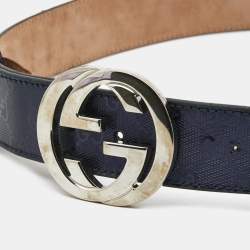 Pre Owned Gucci Dark Blue GG Imprime Coated Canvas Interlocking G Belt Size 90CM