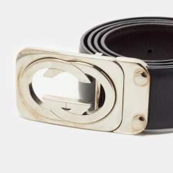 Pre Owned Gucci Black/Brown Leather Interlocking G Square Buckle Belt 90CM
