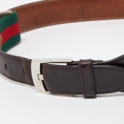 Pre Owned Gucci Dark Brown Leather and Canvas Web Buckle Belt 85CM