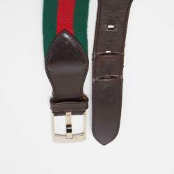 Pre Owned Gucci Dark Brown Leather and Canvas Web Buckle Belt 85CM