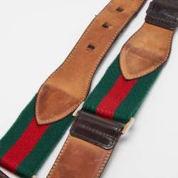 Pre Owned Gucci Dark Brown Leather and Canvas Web Buckle Belt 85CM