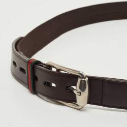 Pre Owned Gucci Dark Brown Canvas and Leather Web Buckle Belt 105CM