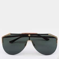 Gucci Black/Grey Gold Tone Detail GG0584S Tinted Shield Sunglasses