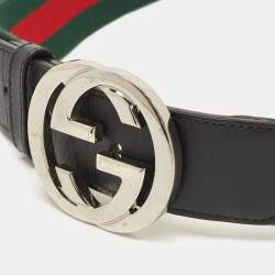 Gucci Black Web Canvas and Leather Interlocking G Buckle Belt 90CM