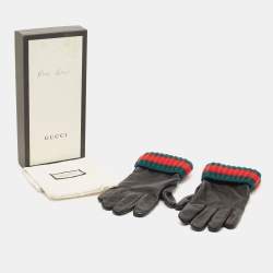 Pre Owned Gucci Black/Green Leather and Cashmere Web Gloves M