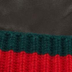 Pre Owned Gucci Black/Green Leather and Cashmere Web Gloves M