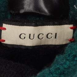 Pre Owned Gucci Black/Green Leather and Cashmere Web Gloves M