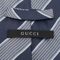Pre Owned Gucci Navy Blue Diagonal Striped Silk Traditional Tie