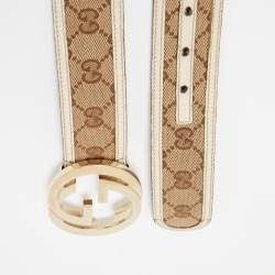 Pre Owned Gucci Beige/Offwhite GG Canvas and Leather Interlocking G Buckle Belt 95CM