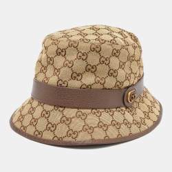 Pre Owned Gucci Brown Logo Monogram Canvas Leather Trim Bucket Hat XXL