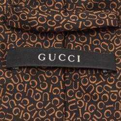 Pre Owned Gucci Brown Letters Printed Silk Tie