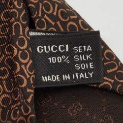 Pre Owned Gucci Brown Letters Printed Silk Tie