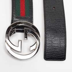 Gucci Black/Green Web Canvas and Leather Interlocking G Buckle Belt 90CM