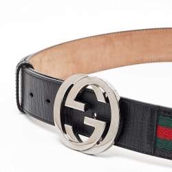 Gucci Black/Green Web Canvas and Leather Interlocking G Buckle Belt 90CM