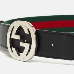 Gucci Black/Green Web Canvas and Leather Interlocking G Buckle Belt 95CM