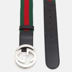 Gucci Black/Green Web Canvas and Leather Interlocking G Buckle Belt 95CM