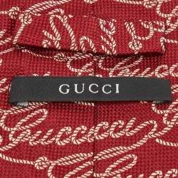 Pre Owned Gucci Red Logo Patterned Silk Tie