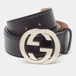 Pre Owned Gucci Black Guccissima Leather Interlocking G Buckle Belt 95 CM