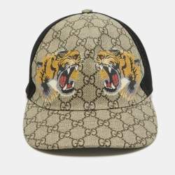 Gucci Beige Tiger Print GG Supreme Canvas & Mesh Baseball Cap S