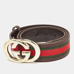 Pre Owned Gucci Choco Brown Leather and Fabric Web Interlocking G Buckle Belt 90CM