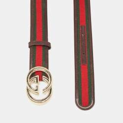 Pre Owned Gucci Choco Brown Leather and Fabric Web Interlocking G Buckle Belt 90CM