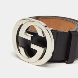 Pre Owned Gucci Black Leather Interlocking G Buckle Belt 95 CM