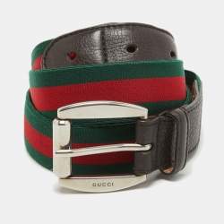 Pre Owned Gucci Brown Leather and Elastic Web Buckle Belt 95 CM